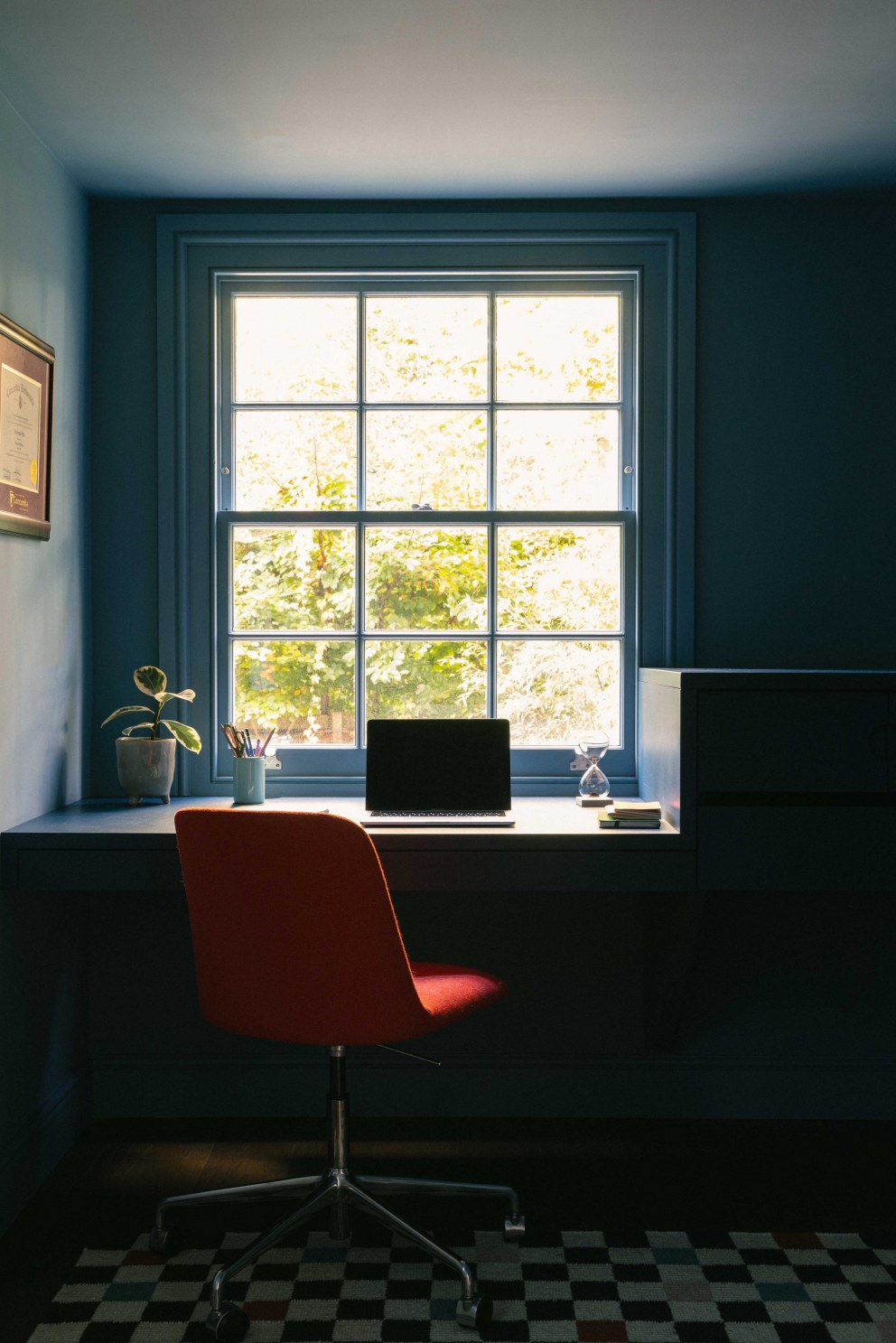 Victorian Terrace, Waterloo | Deep blue home office with bespoke valchromat desk | Interior Designers